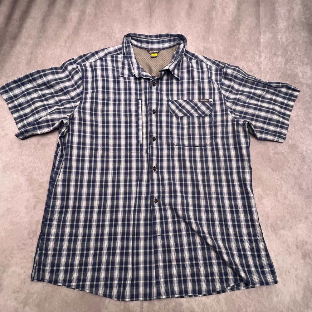 Eddie Bauer Button Up Shirt Mens XL Blue White Plaid Excellent Vented Outdoor